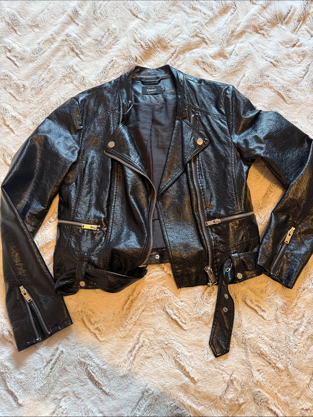 Only Black Shiny Faux Leather Moto Jacket with Belt